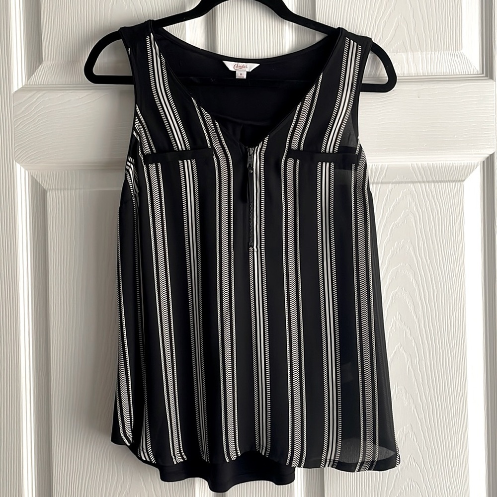 Candie’s Black Tank Top with White Stripes and Zipper - Medium